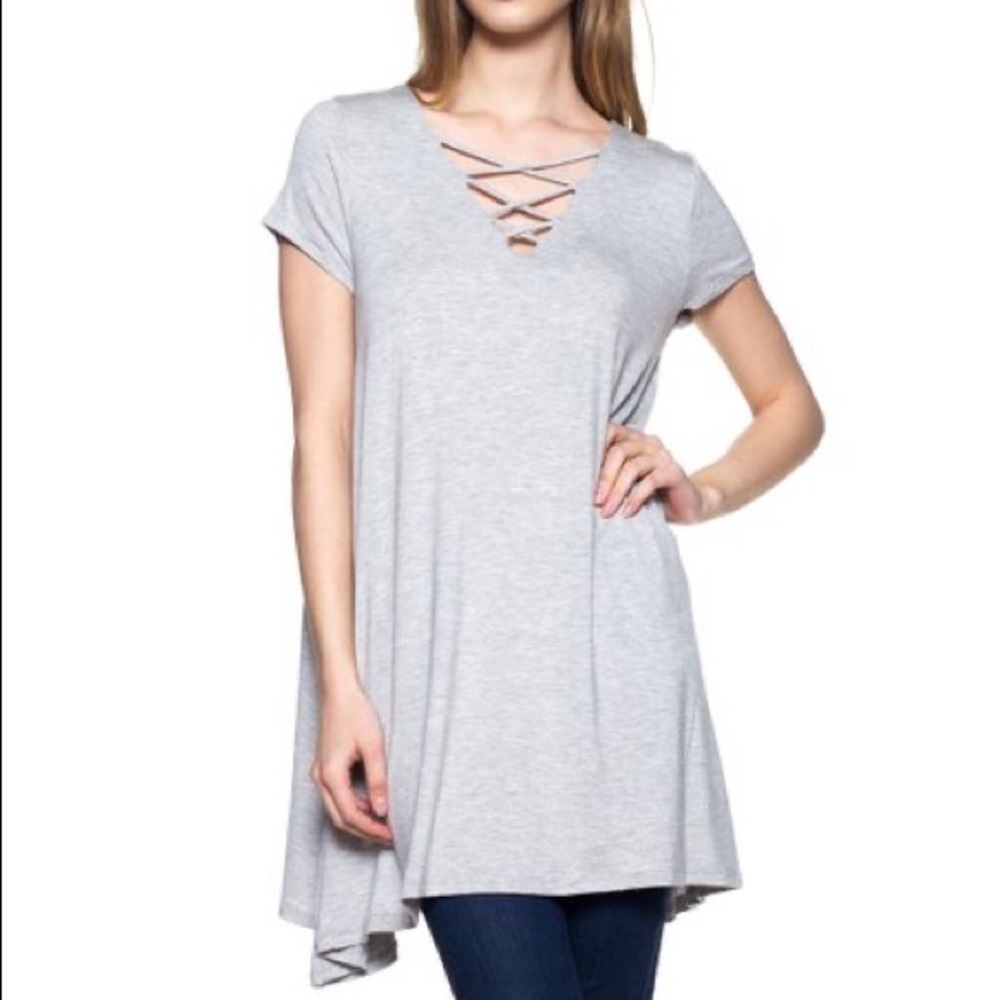 Sweet Lindsey Spaghetti-Front Cap-Sleeve Tunic